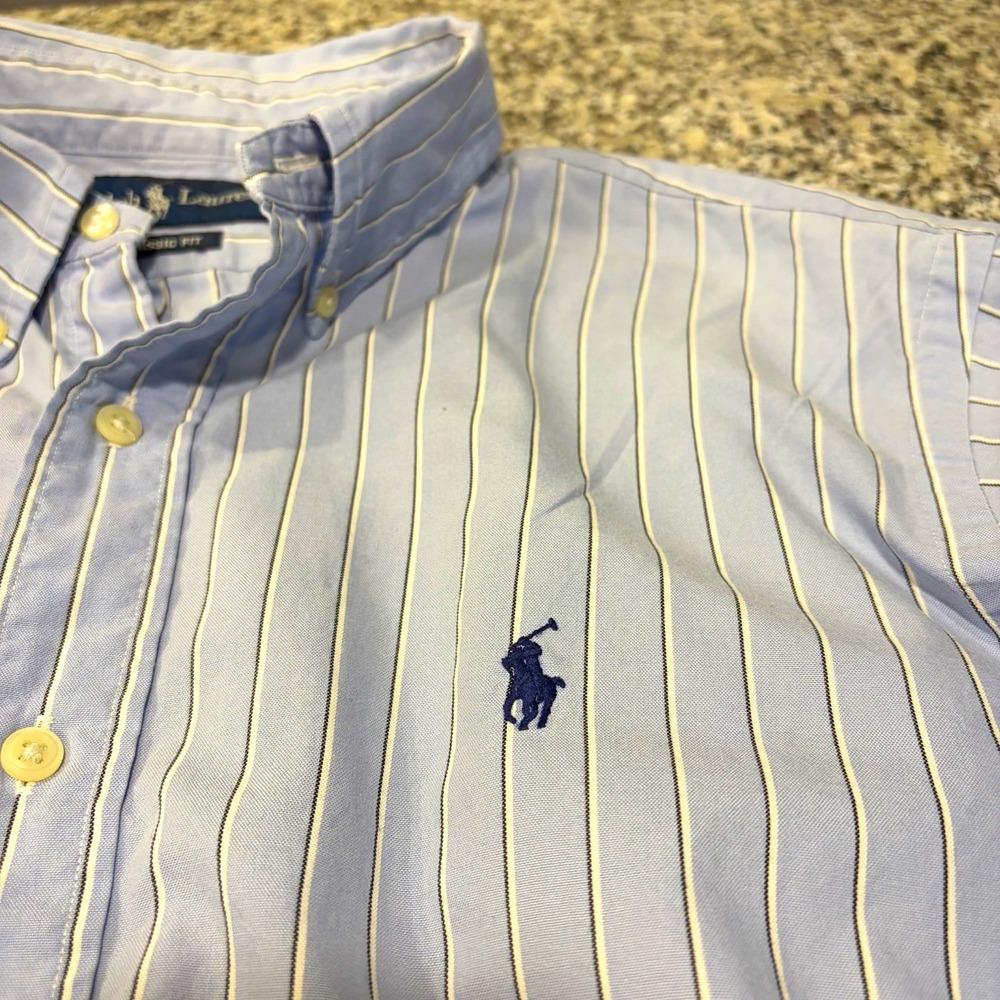 Ralph Lauren Mens L Blue White Striped Woven Button-Down Shirt Classic Fit